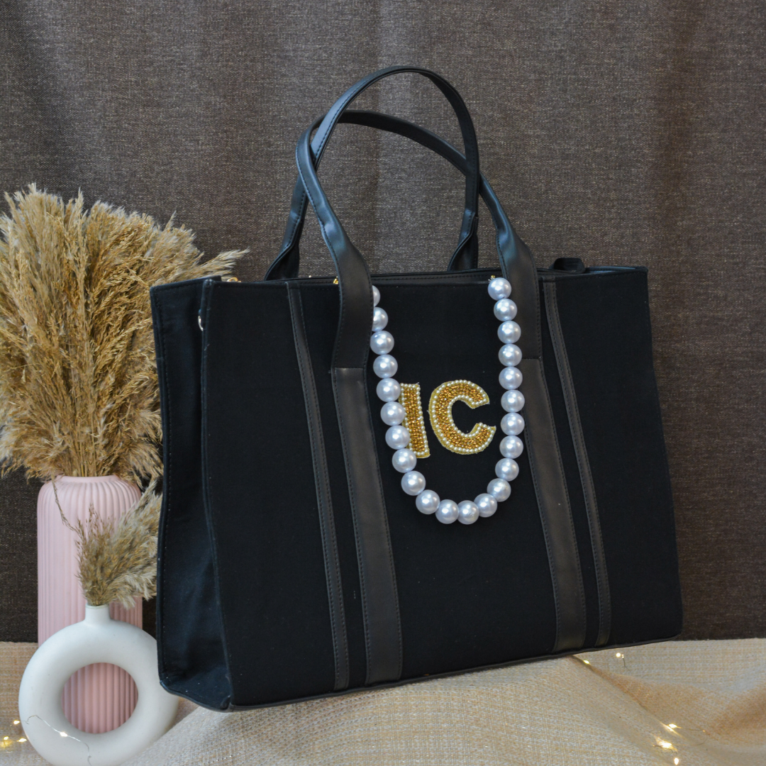 Black Monogram Book Tote Handwork Initials