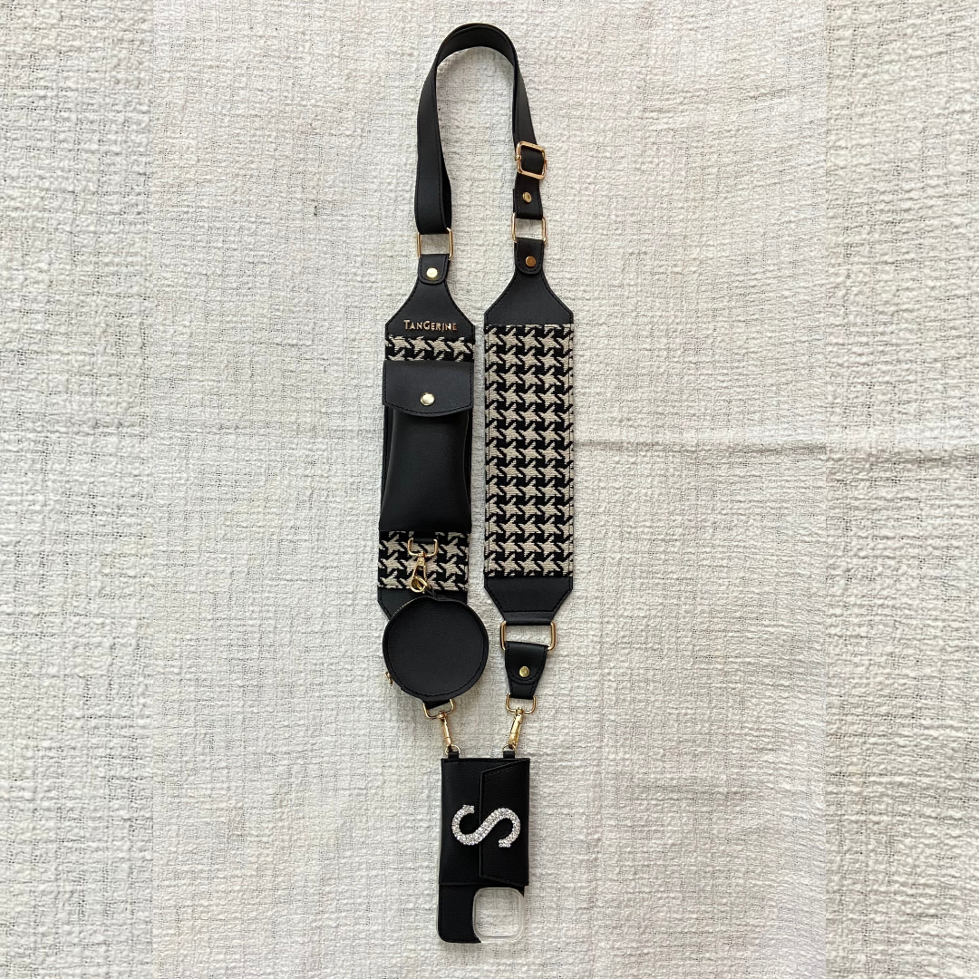 Black & White Vintage Small Print Pochette Belt with Phone Case
