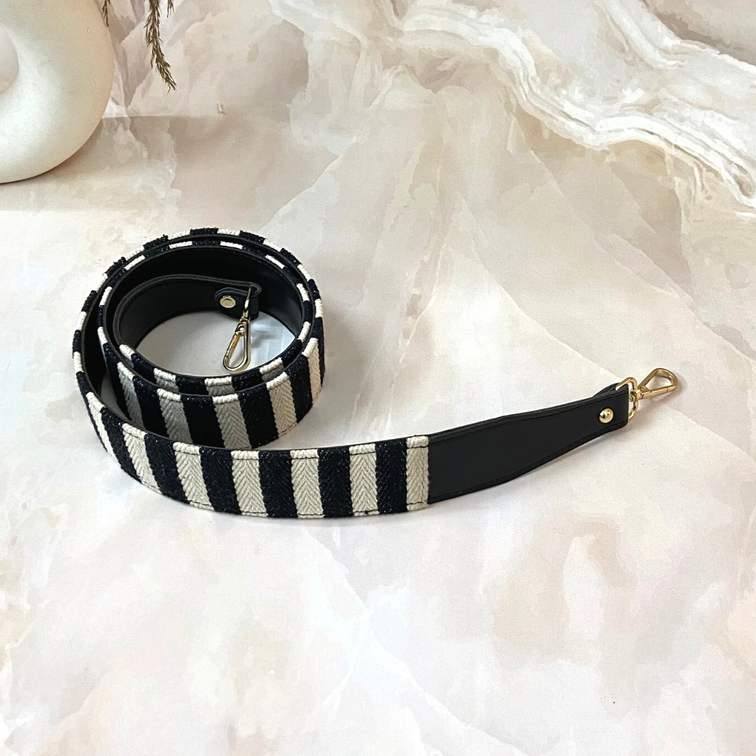 Black with Black & White Stripes Shoulder Strap