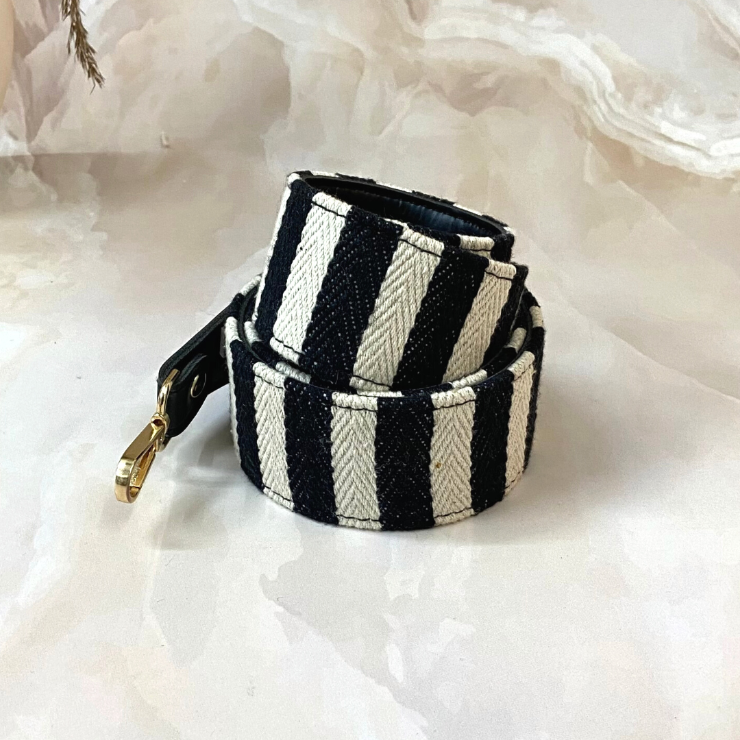 Black with Black & White Stripes Shoulder Strap