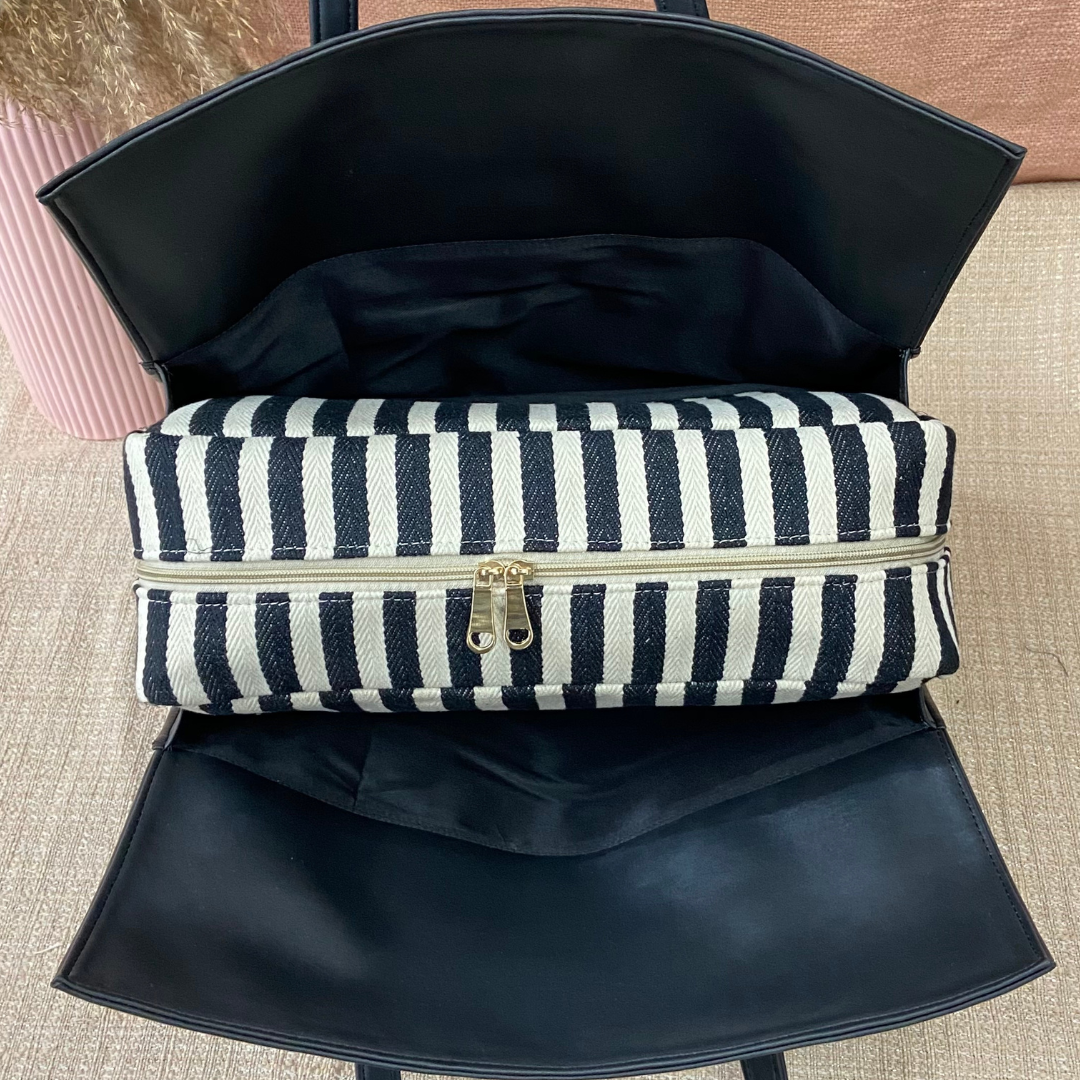 Black with Black & White Stripes Leera 16inch Bag