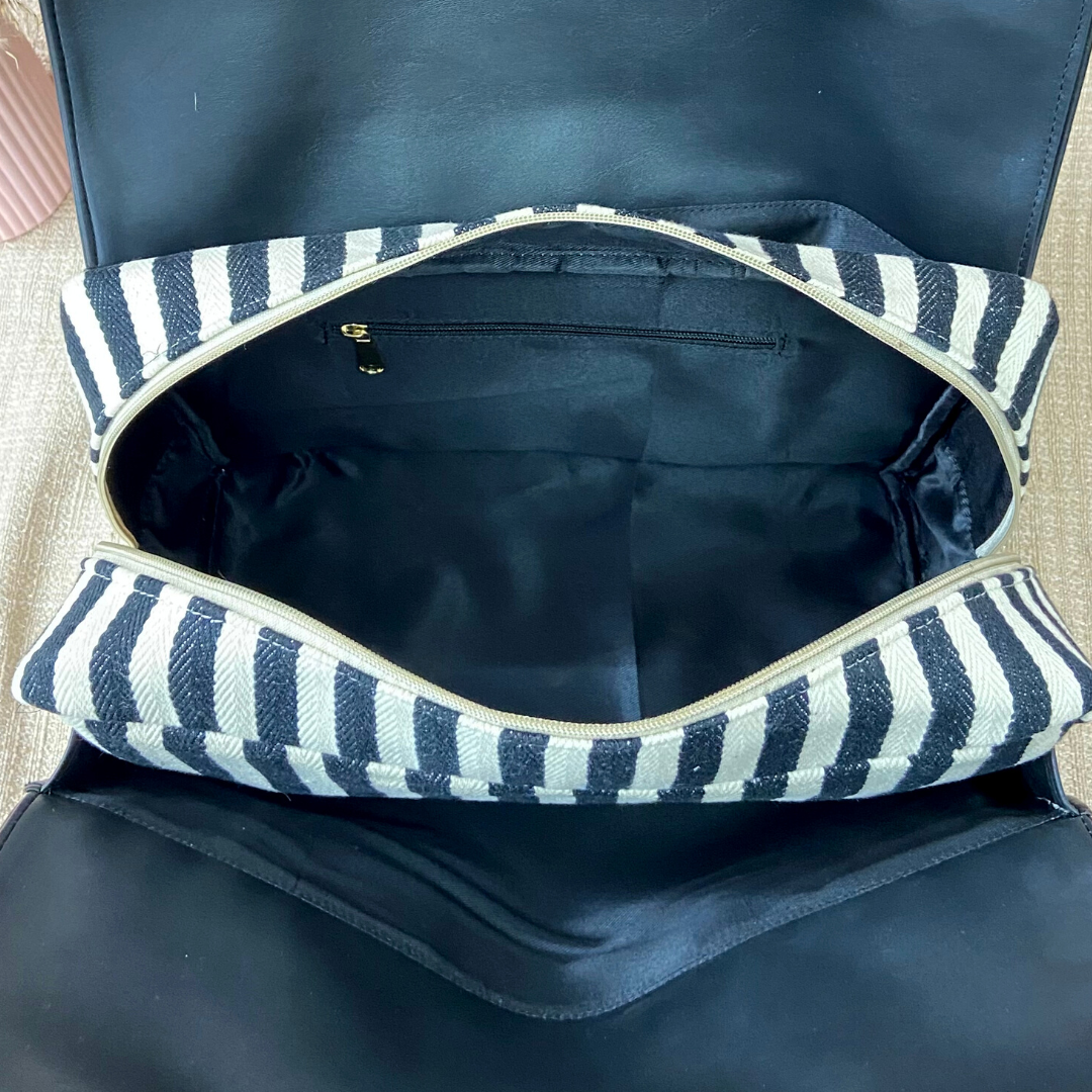 Black with Black & White Stripes Leera 16inch Bag
