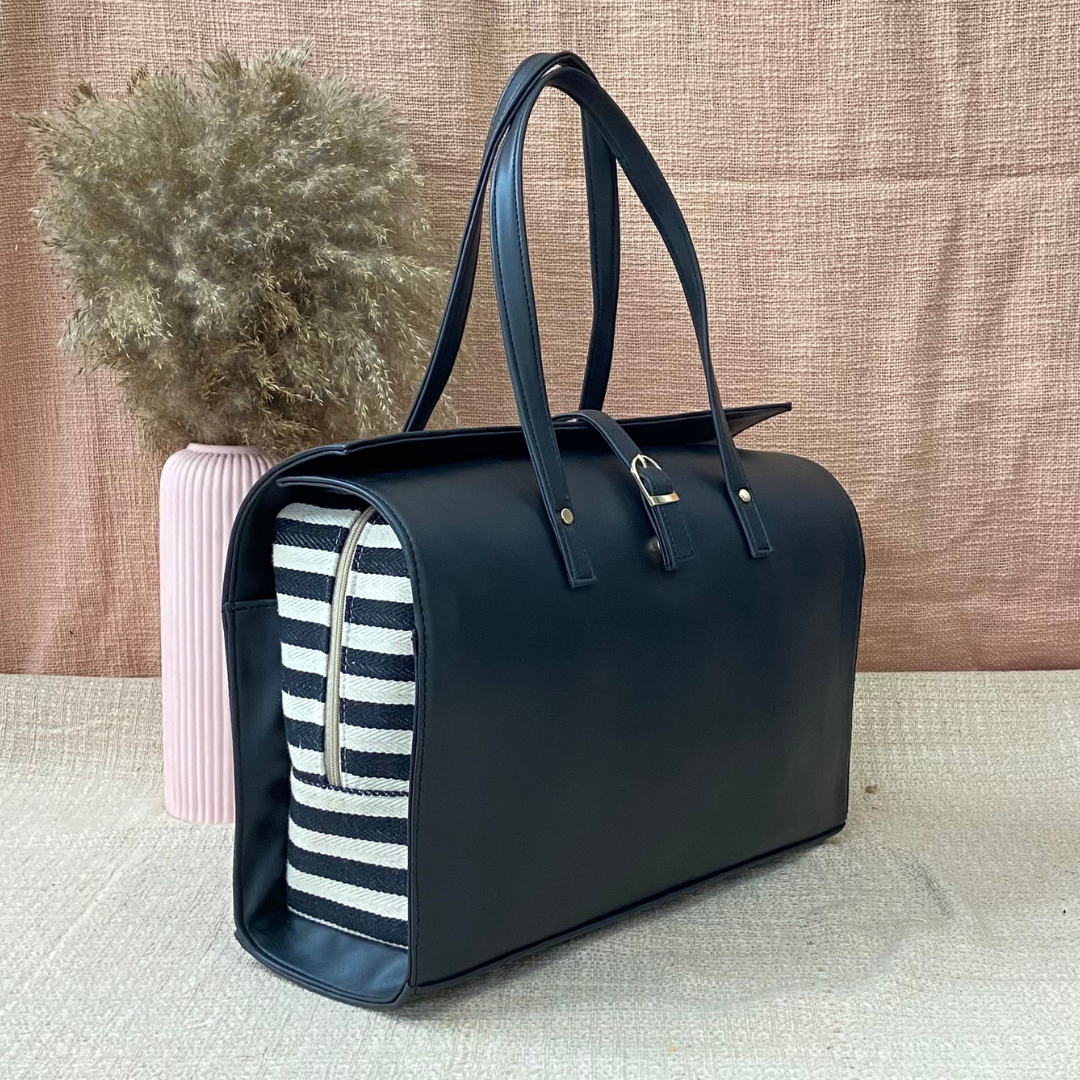 Black with Black & White Stripes Leera 16inch Bag