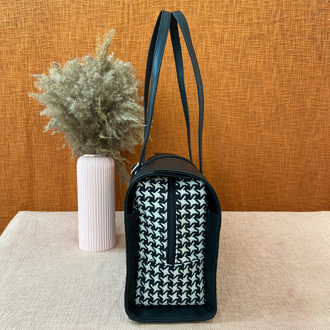 Black with Black & White Vintage Small Print Leera 16inch Bag