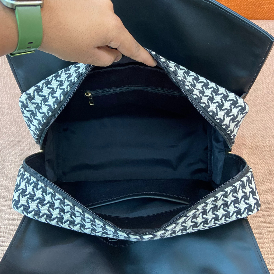 Black with Black & White Vintage Small Print Leera 16inch Bag + Big Wallet Combo