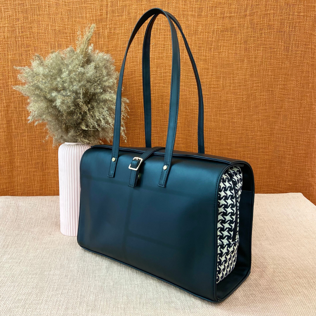 Black with Black & White Vintage Small Print Leera 16inch Bag