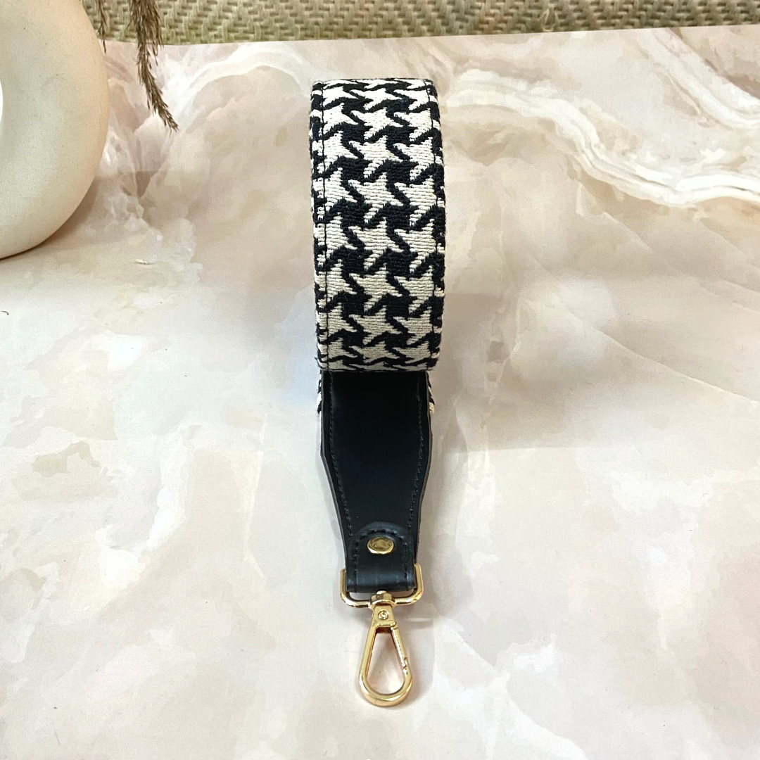 Black with Black & White Vintage Small Print Shoulder Strap