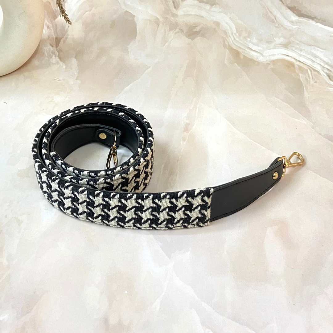 Black with Black & White Vintage Small Print Shoulder Strap