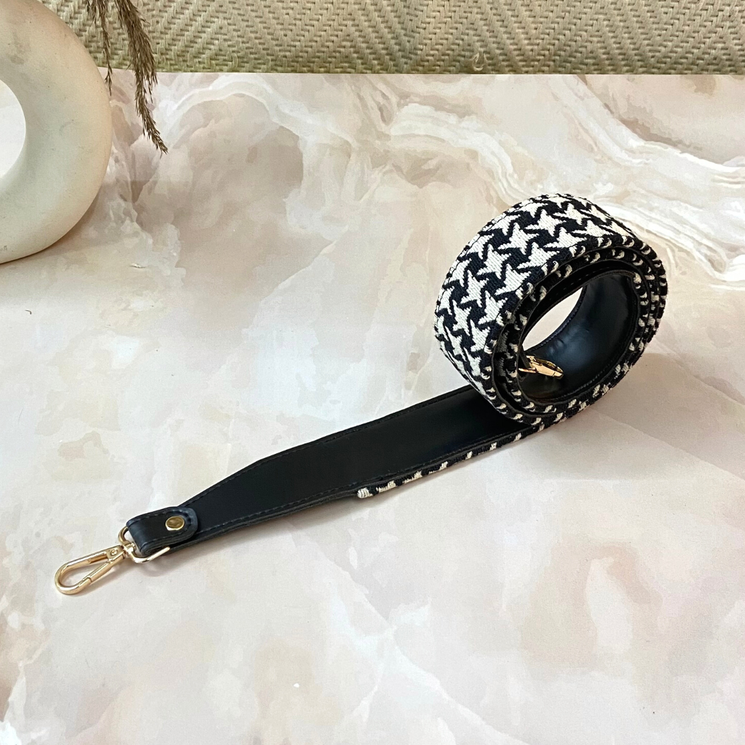 Black with Black & White Vintage Small Print Shoulder Strap