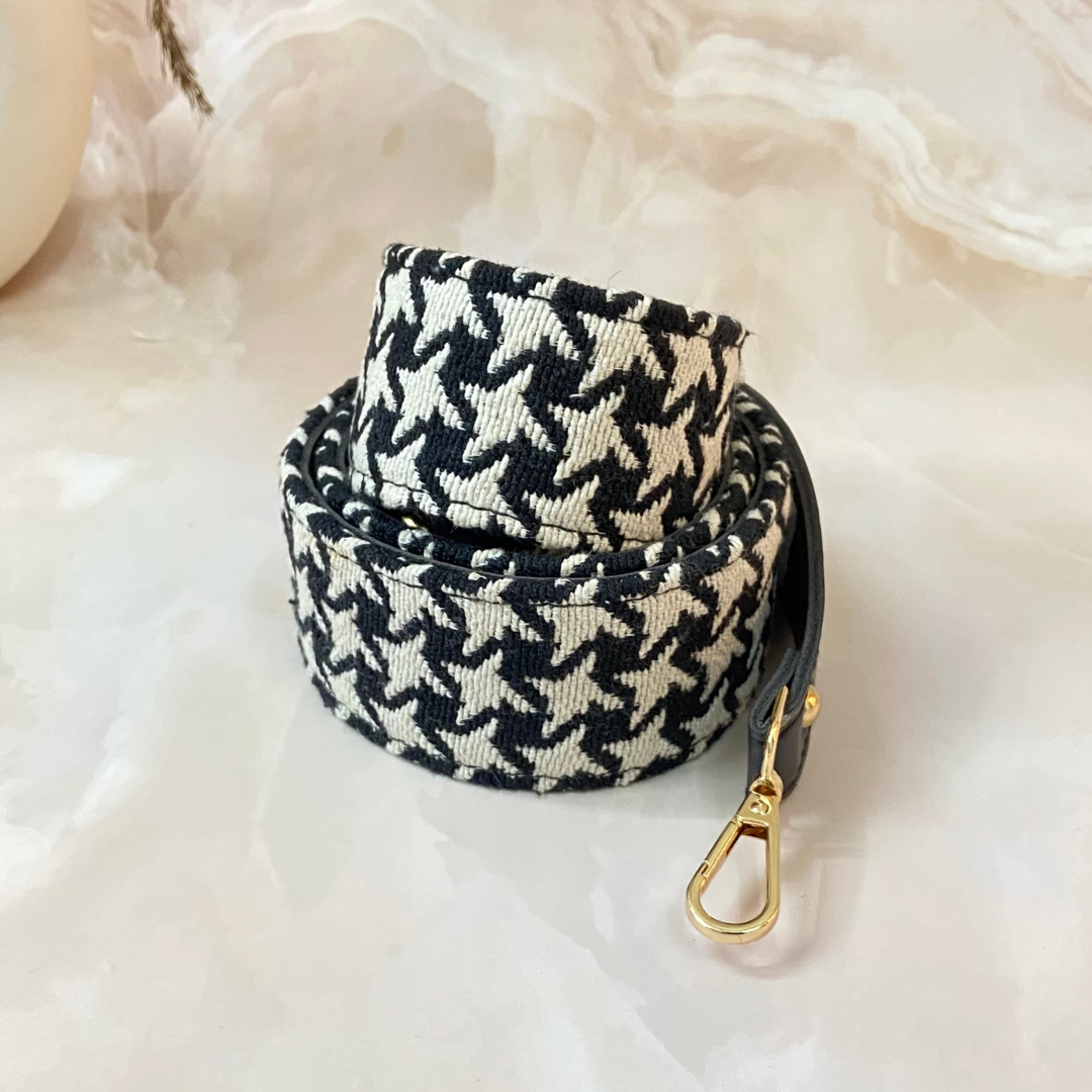 Black with Black & White Vintage Small Print Shoulder Strap
