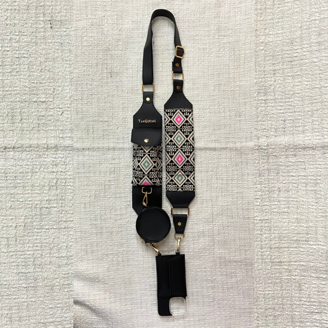 Black Eva + Black with Multi-Color Diamond Cloth on Pocket Pochette Belt with Phone Case