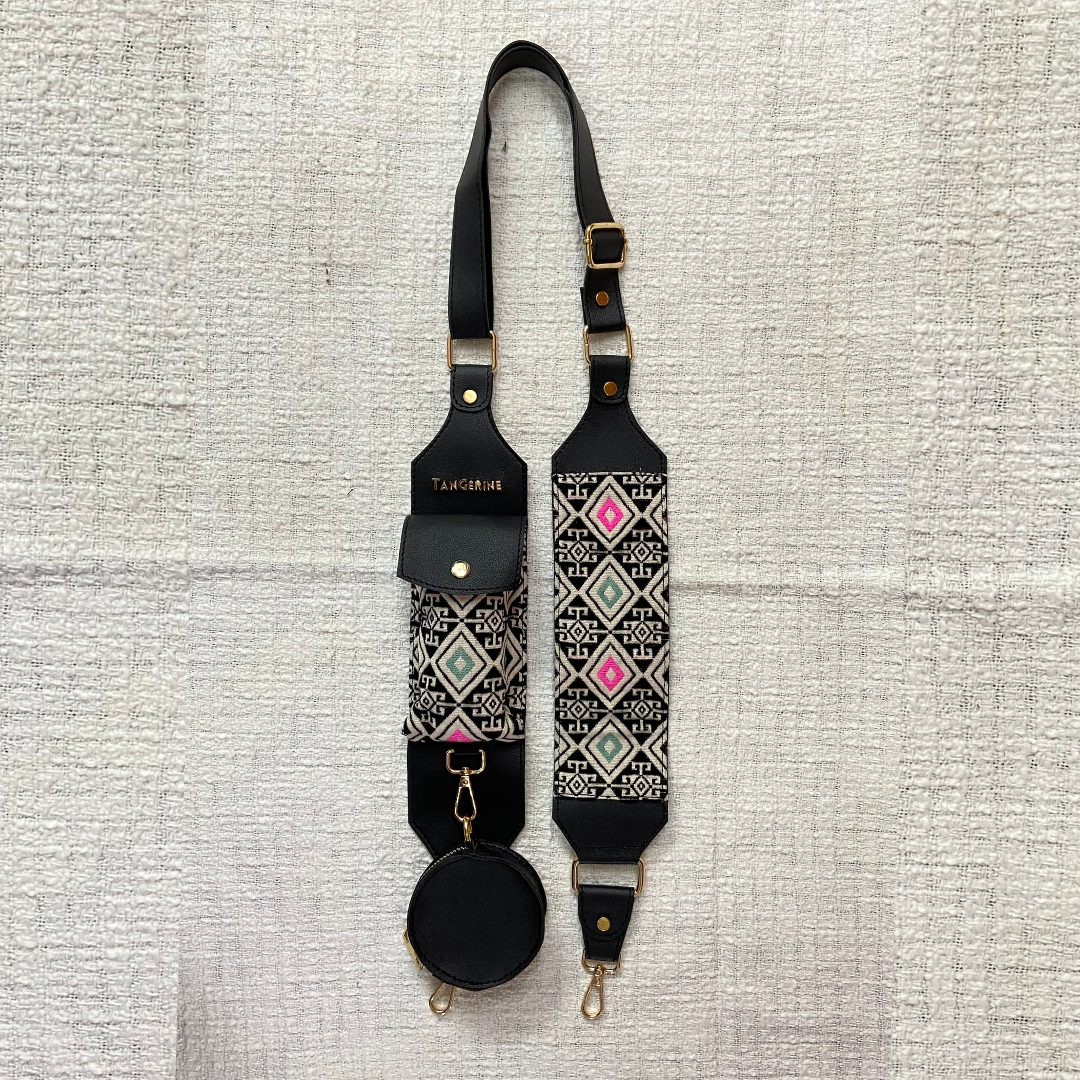 Black with Multi-Color Diamond Cloth on Pocket Pochette Belt with Phone Case