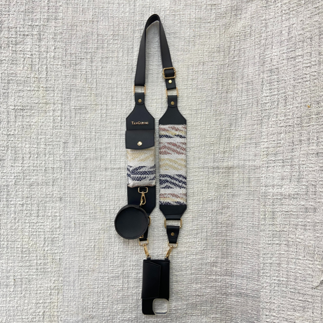 Black with White Tribal Cloth on Pochette Belt  with Phone Case