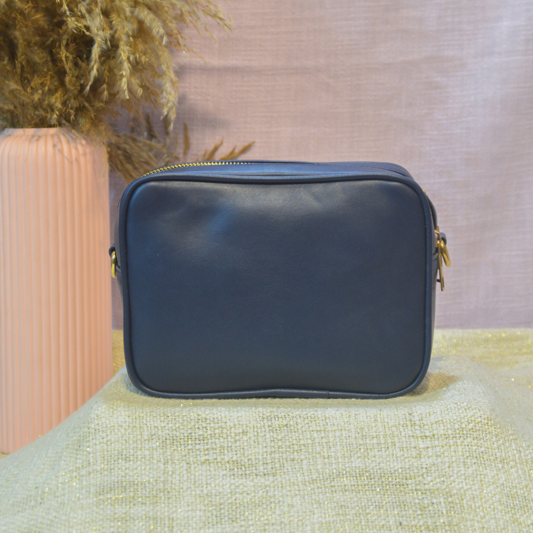 Blue Dual Compartment Bag with Purple Pop Belt.
