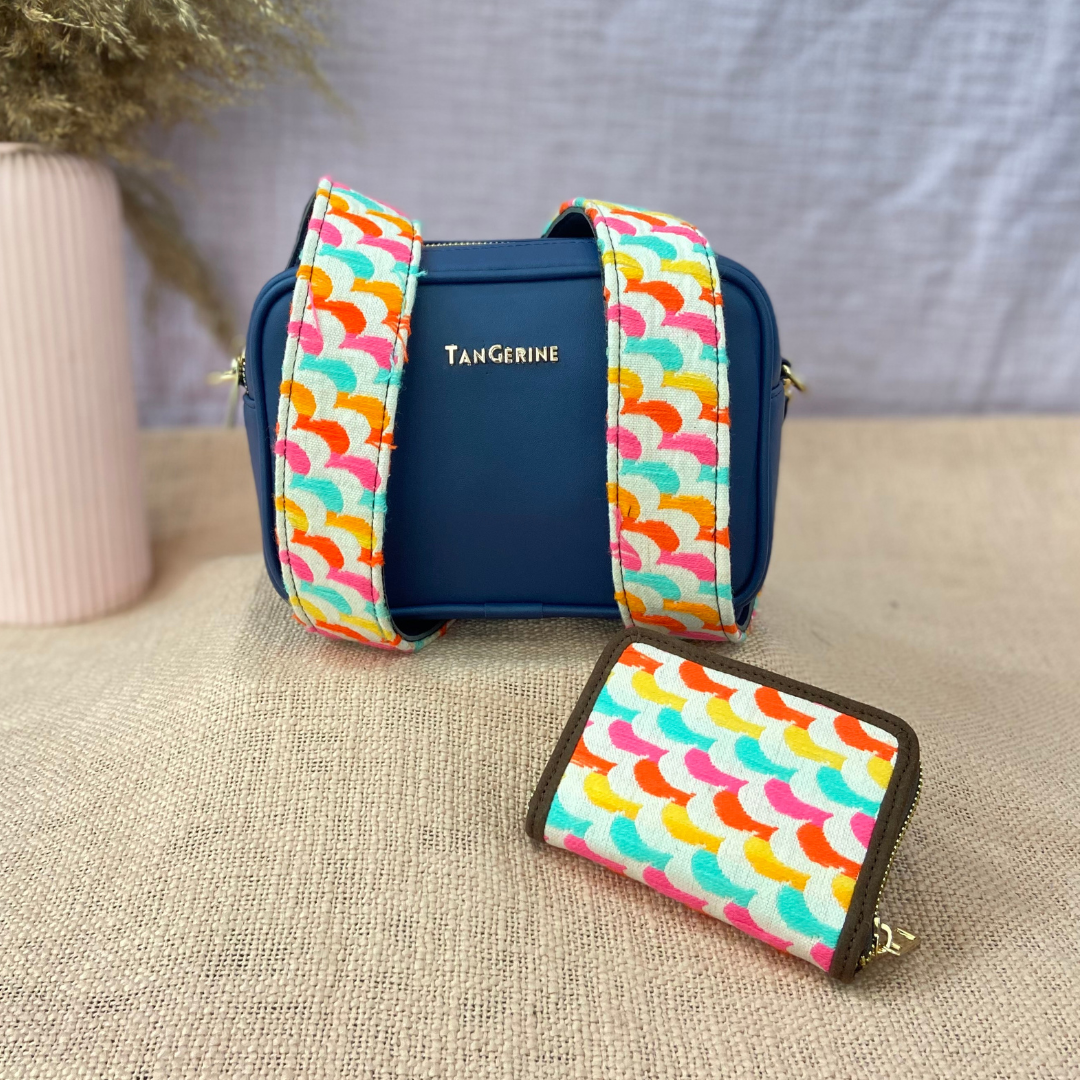 Blue Dual Compartment Bag with Blue Colourful Wave Belt + Mini Wallet + Big Wallet Combo