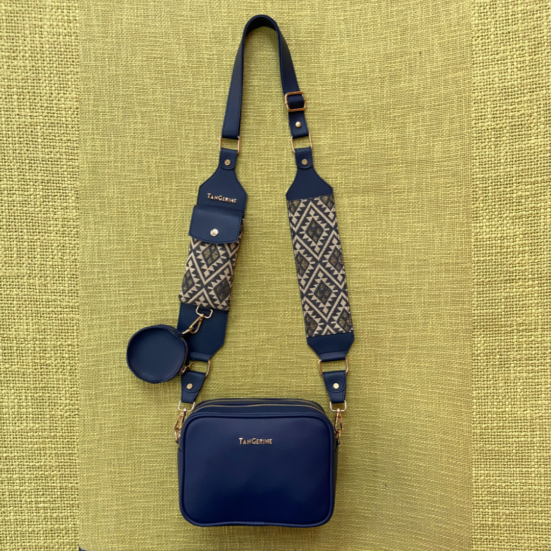 Blue Dual Compartment + Blue with Light Black & White Diamond Cloth on Pocket Pochette Belt