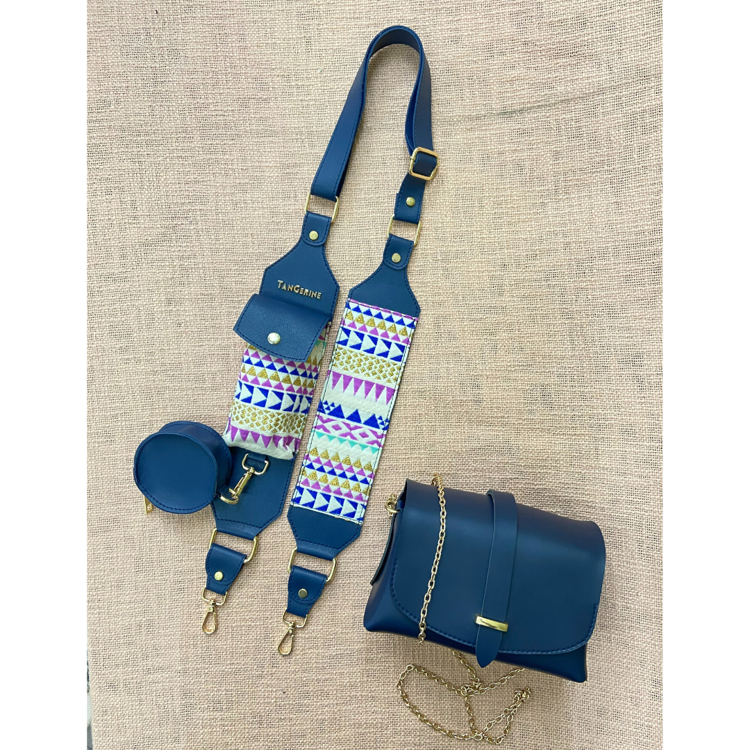 Blue Eva + Blue with Multi-color Triangles Cloth on Pocket Pochette Belt