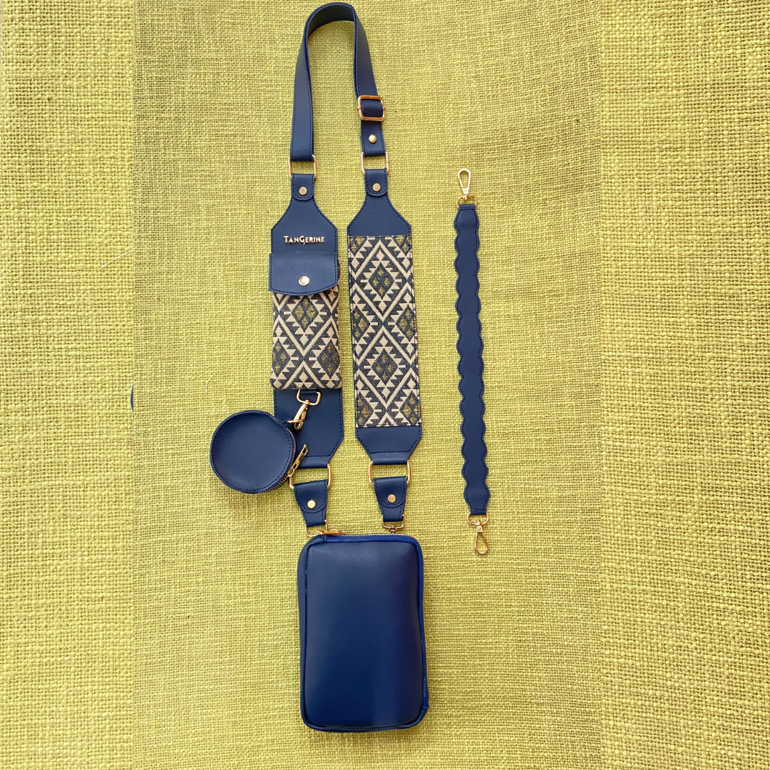 Blue Pouch + Blue with Light Black Diamond Design Cloth on Pocket Pochette Belt