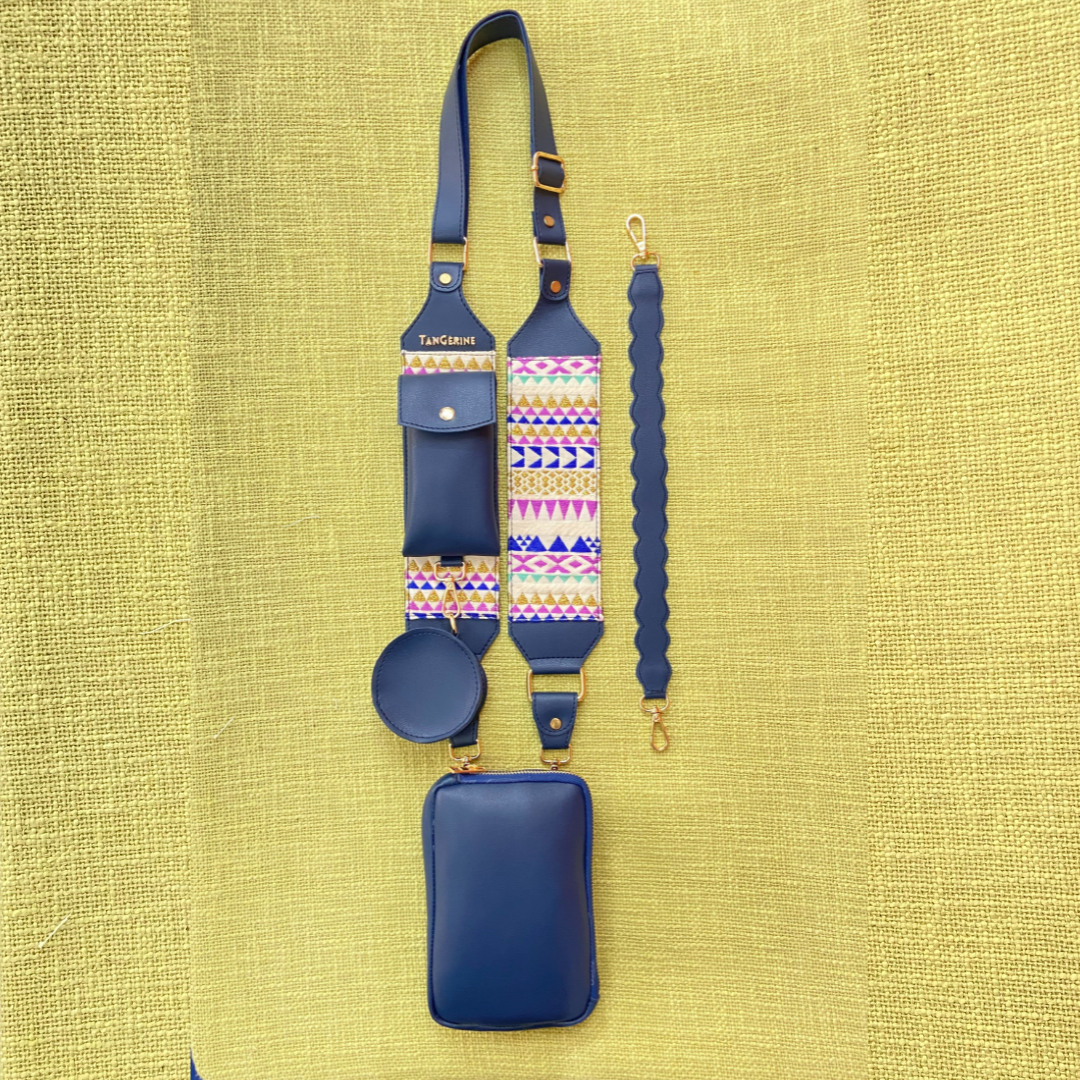 Blue Pouch + Blue with Multi-color Triangles Pochette Belt