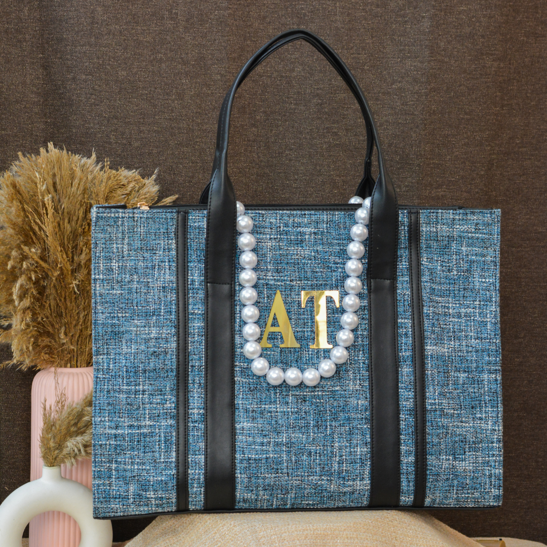Blueberry Monogram Book Tote Metal Initial