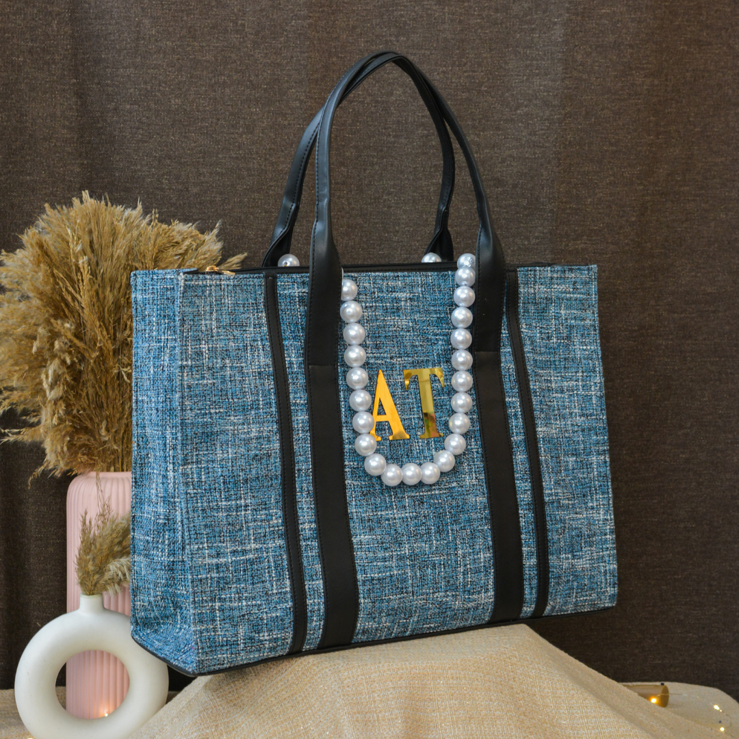 Blueberry Monogram Book Tote Metal Initial