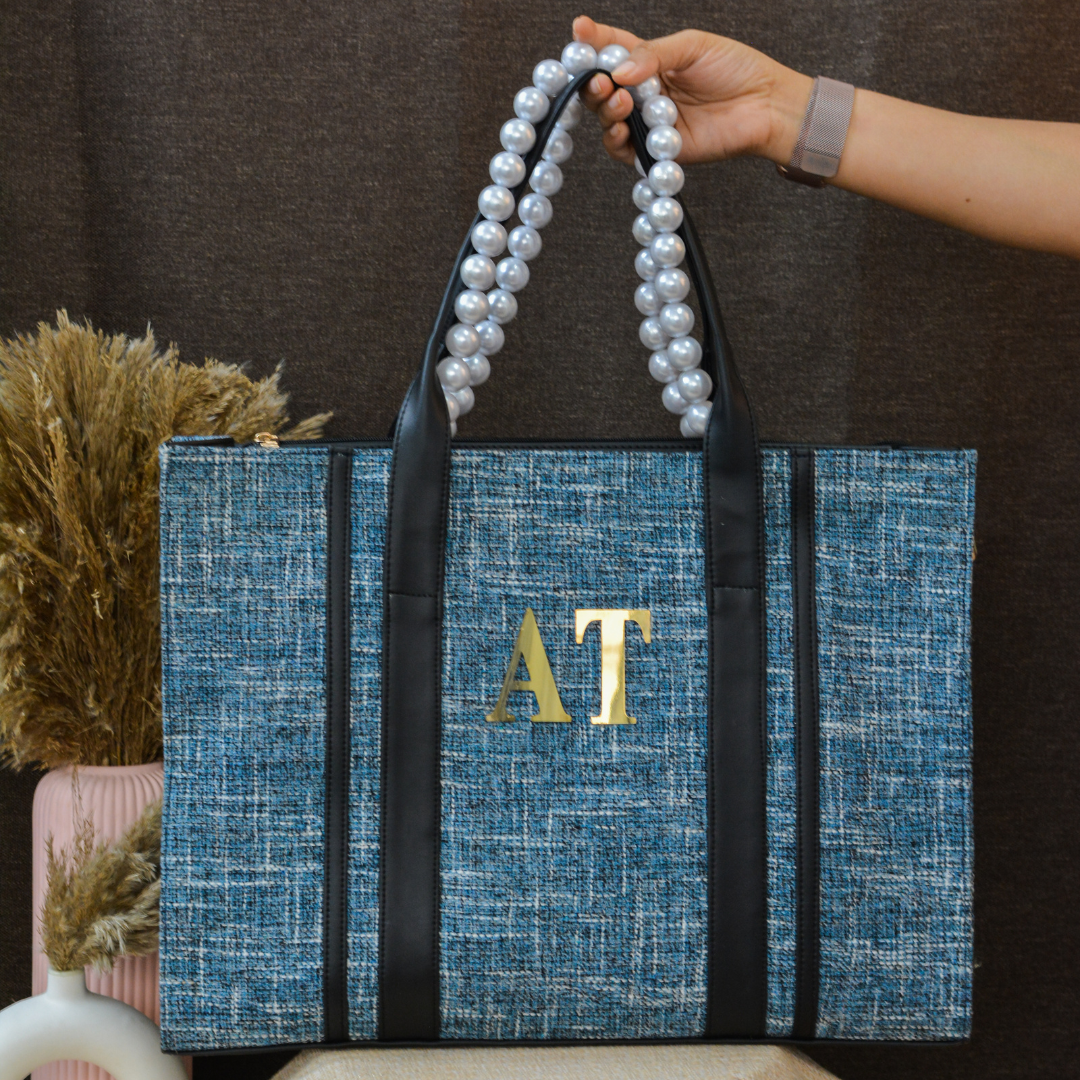 Blueberry Monogram Book Tote Metal Initial