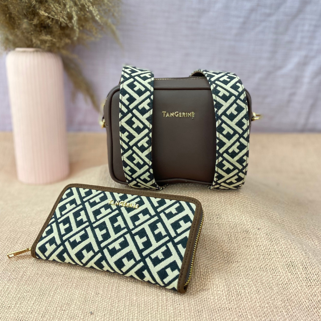 Brown Dual Compartment Sling Bag with Black T-Shape Belt + Big Wallet Combo