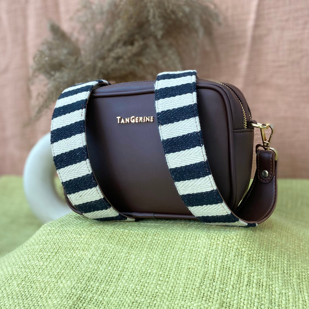 Brown Dual Compartment Sling Bag with Black & White Stripes Belt