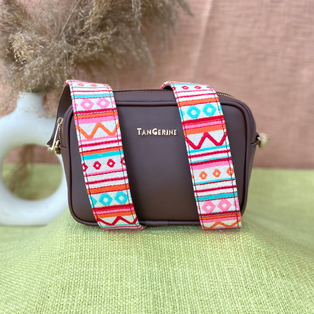 Brown Dual Compartment Sling Bag with Boho Belt + Mini Wallet