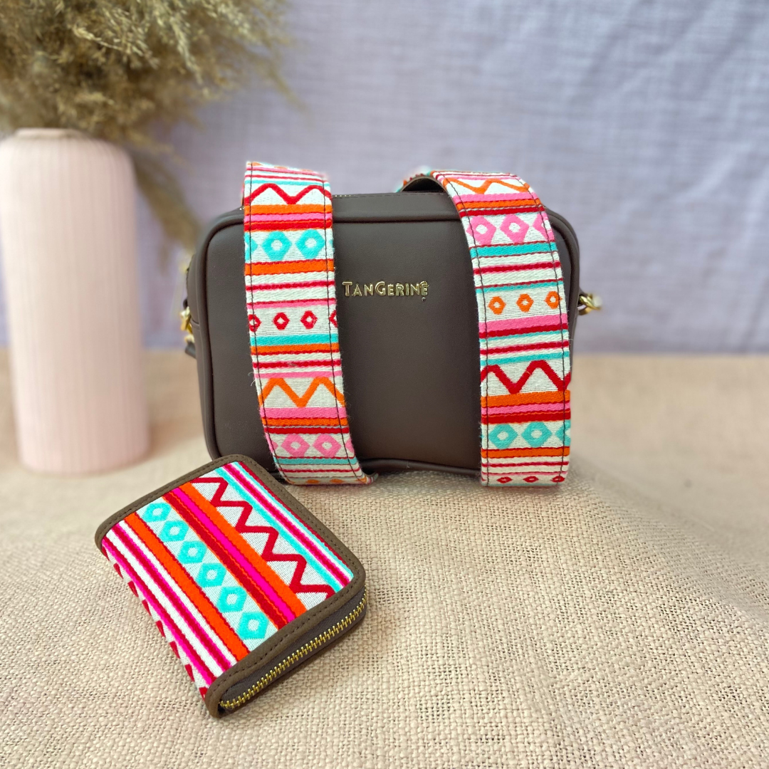 Brown Dual Compartment Sling Bag with Boho Belt + Mini Wallet