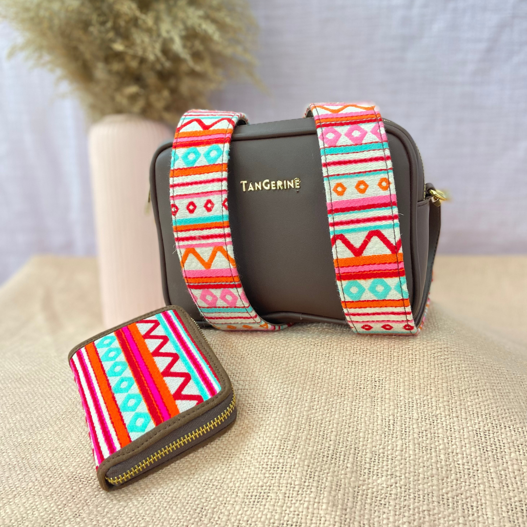 Brown Dual Compartment Sling Bag with Boho Belt Mini Wallet