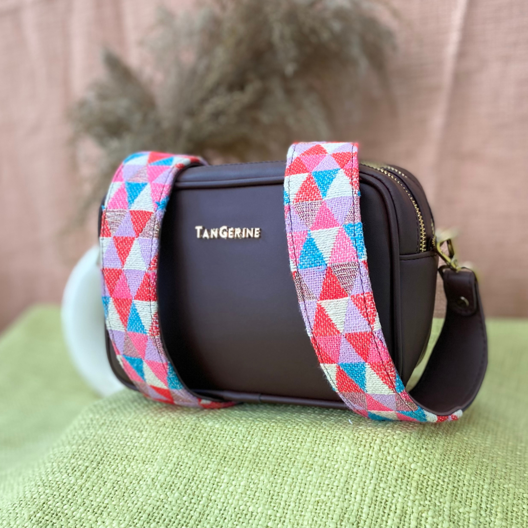 Brown Dual Compartment Sling Bag with Pink Multi-color Triangle Belt