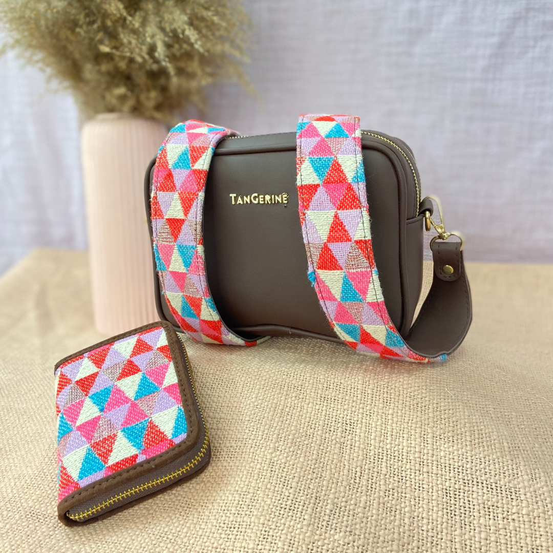 Brown Dual Compartment Sling Bag with Pink Multi-color Triangle Belt + Mini Wallet