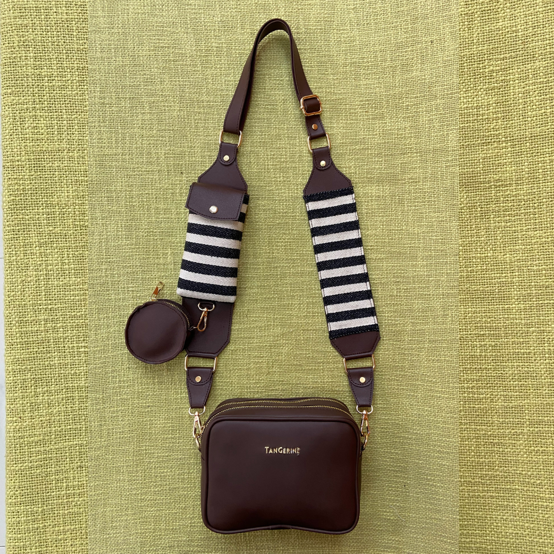 Brown Dual Compartment + Brown with Black & White Stripes Cloth On Pocket Pochette Belt