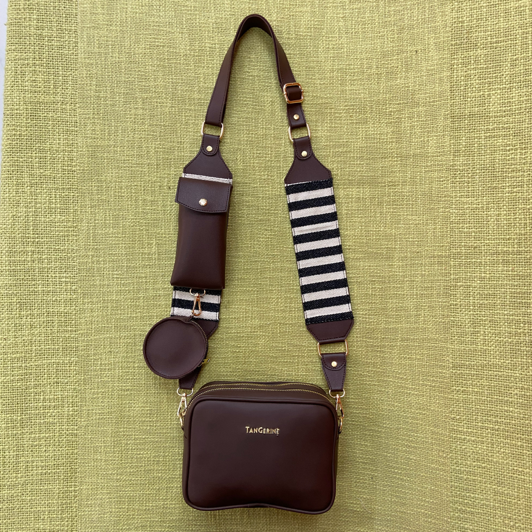 Brown Dual Compartment + Brown with Black & White Stripes Pochette Belt