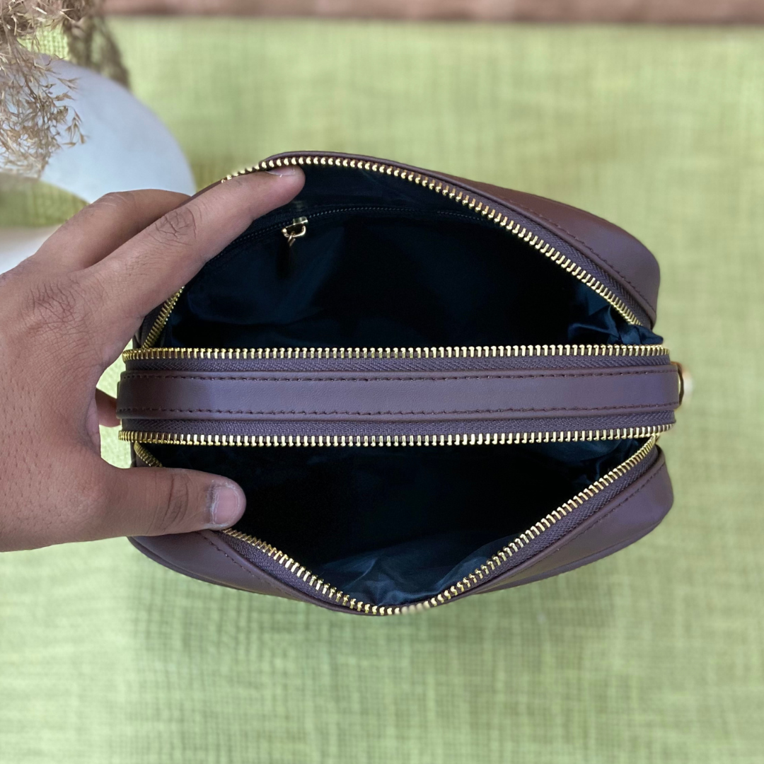 Brown Dual Compartment Sling Bag with Pink Multi-color Triangle Belt + Mini Wallet