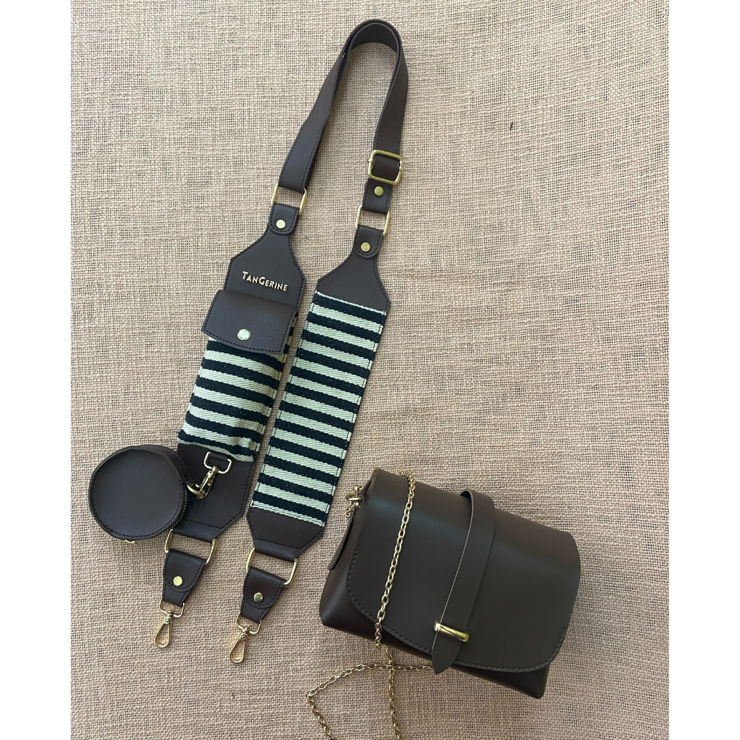 Brown Eva + Brown with Black & White Stripes Cloth on Pocket Pochette Belt