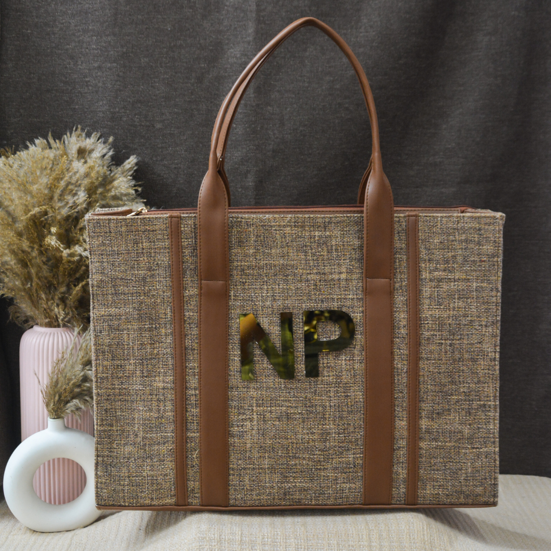 Brown Monogram Book Tote Metal Initials
