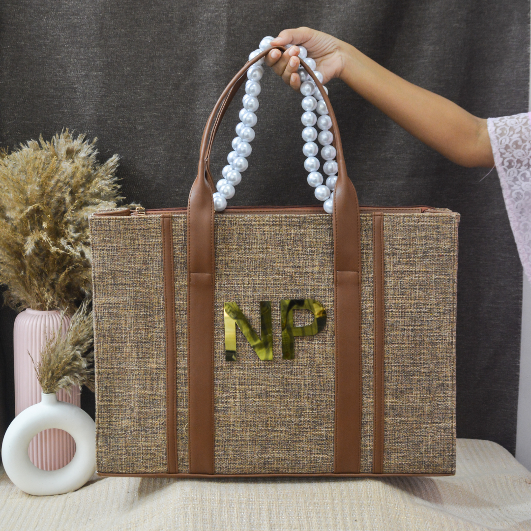 Brown Monogram Book Tote Metal Initials