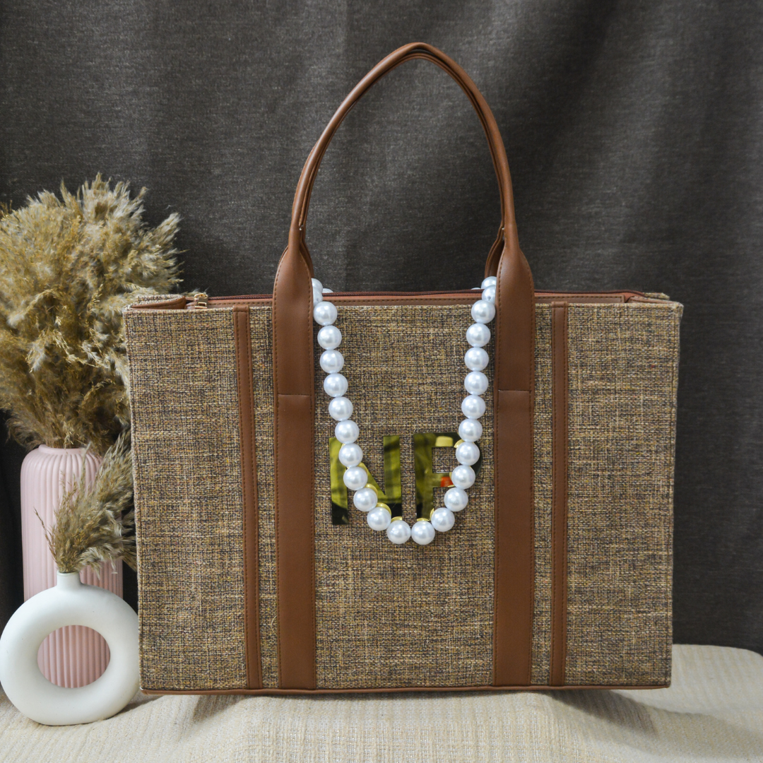 Brown Monogram Book Tote Metal Initials