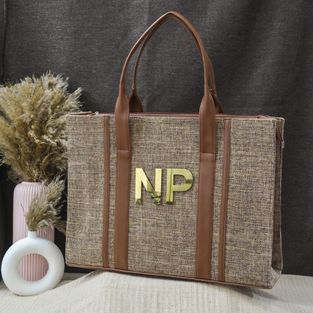 Brown Monogram Book Tote Metal Initials