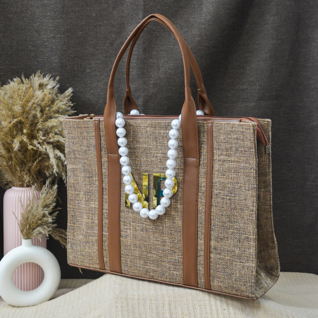Brown Monogram Book Tote Metal Initials