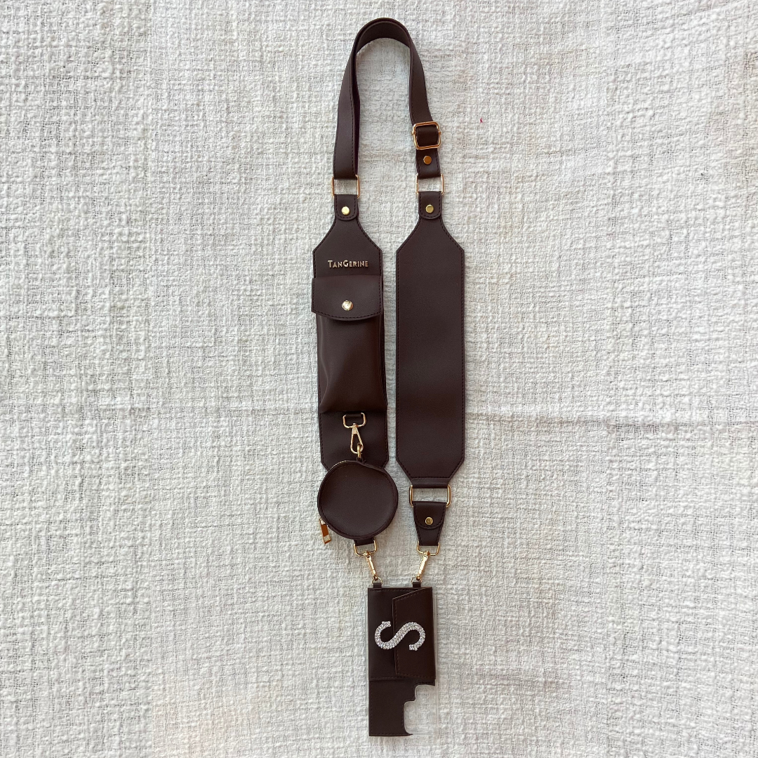 Brown Plain Pochette Belt with Phone Case