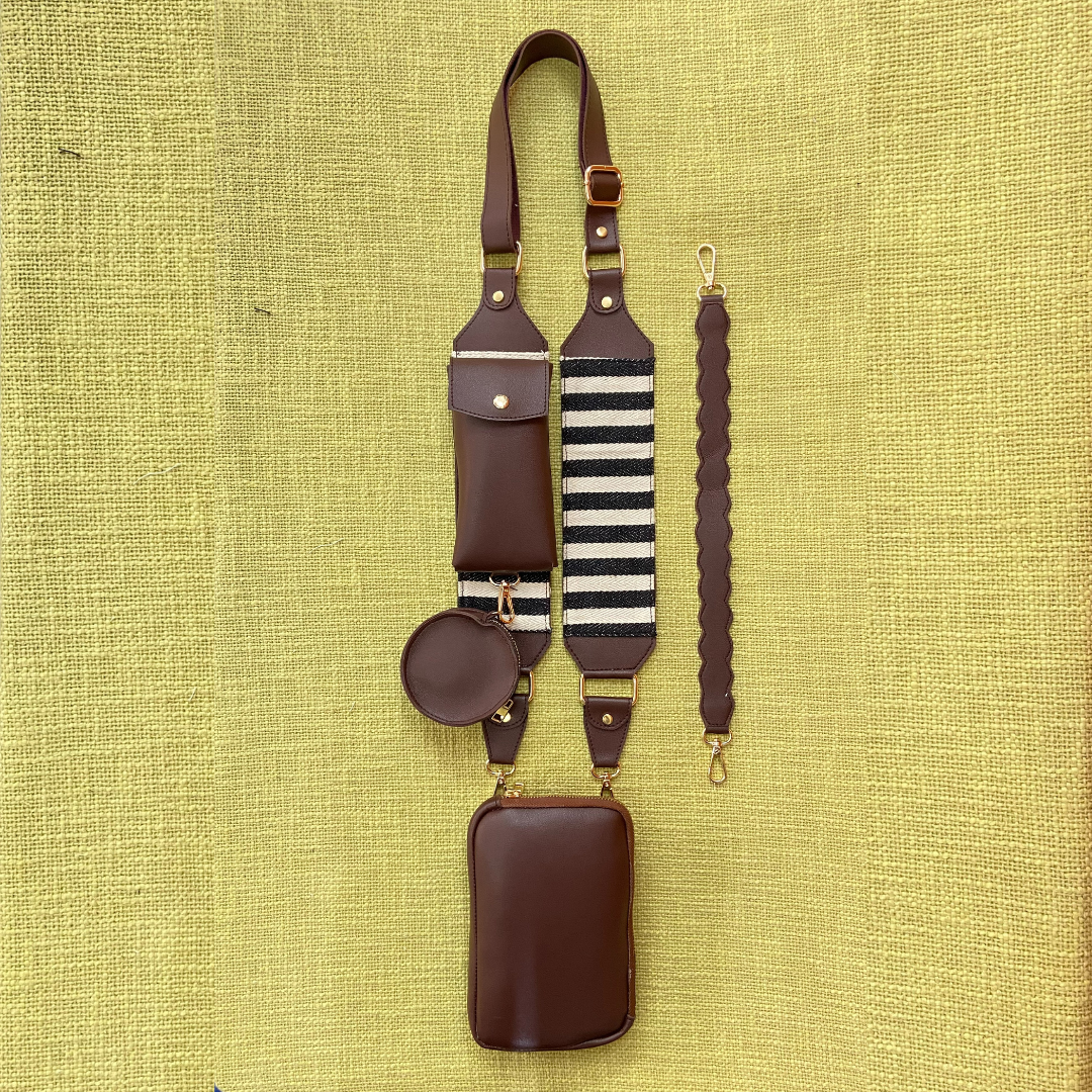 Brown Pouch + Brown with Black & White Stripes Pochette Belt