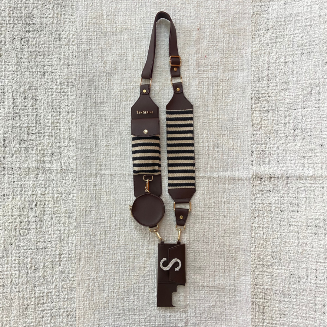 Brown with Black & White Stripes Cloth on Pocket Pochette Belt with Phone Case