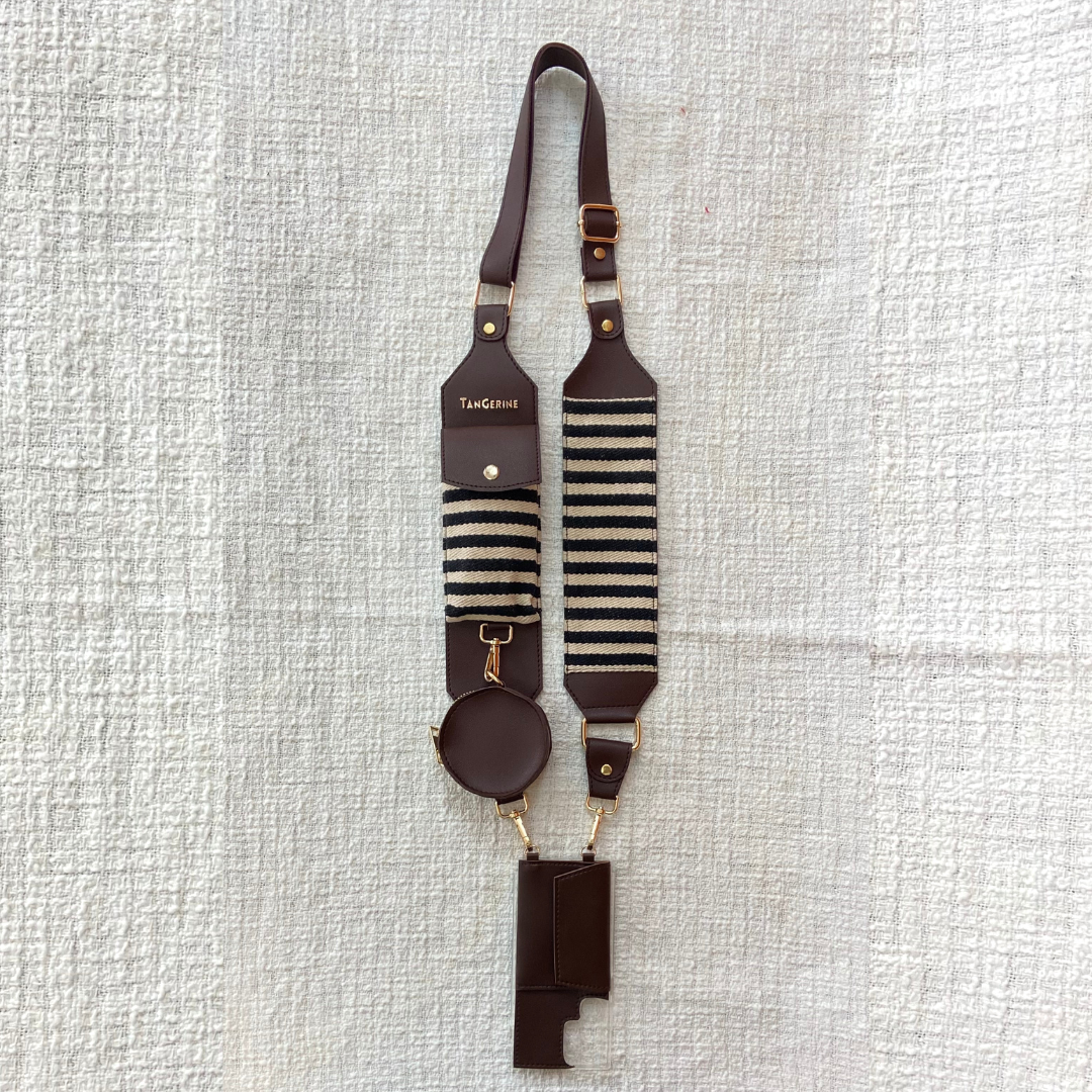 Brown with Black & White Stripes Cloth on Pocket Pochette Belt with Phone Case