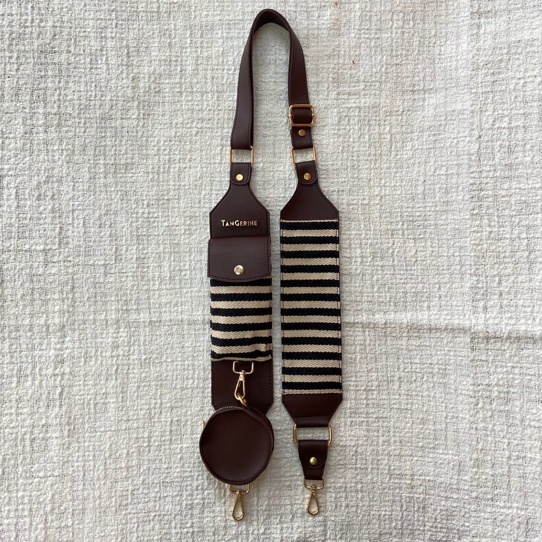 Brown Dual Compartment + Brown with Black & White Stripes Cloth On Pocket Pochette Belt