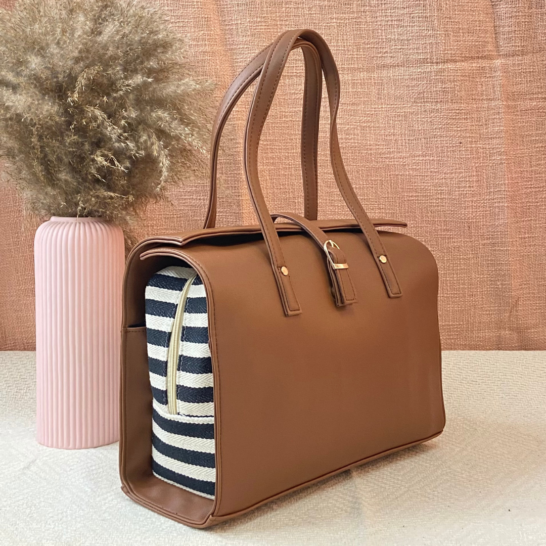 Brown with Black & White Stripes Leera 14inch Bag