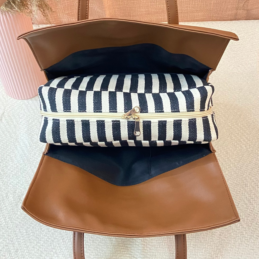Brown with Black & White Stripes Leera 14inch Bag