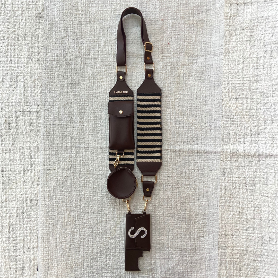 Brown with Black & White Stripes Pochette Belt with Phone Case